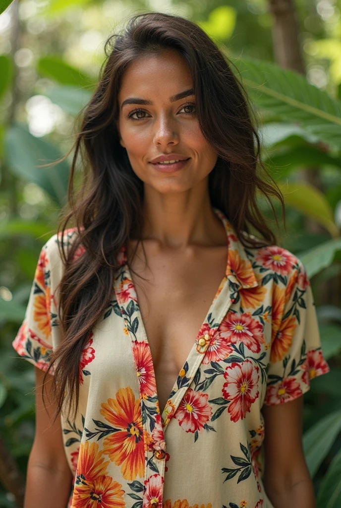 A Brazilian woman in a lush tropical garden, wearing a floral pattern open-chest shirt, with a close-up capturing the harmonious beauty between her breasts and the natural flowers, showing her natural charm and extroverted personality., showing bare wet breasts 
