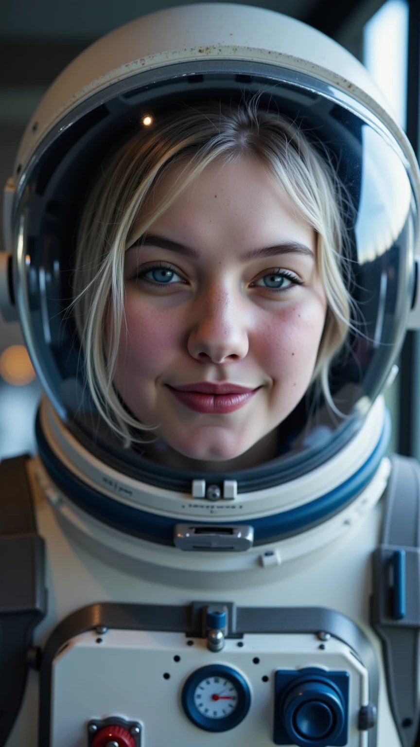 Heavy dense snowfall, a dense snow Blizzard, blonde Woman in norwegian patterned thic wooly skintight knitted cosmonaut suit, DARK Fantasy world, Profoundly dystopian, with Galaxy reflecting helmet, thin face, natural joyfull eyes, a shy freckled Smiling look capturing the essence of a day in a otherworldly dystopian DARK snowy Mountain world, warm lighting, Canon EOS
