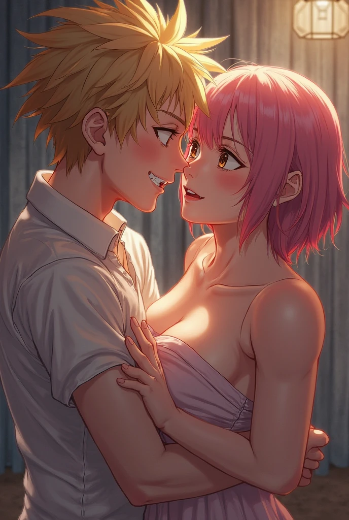 A blond haired boy grabbing a pink-haired girl's breasts