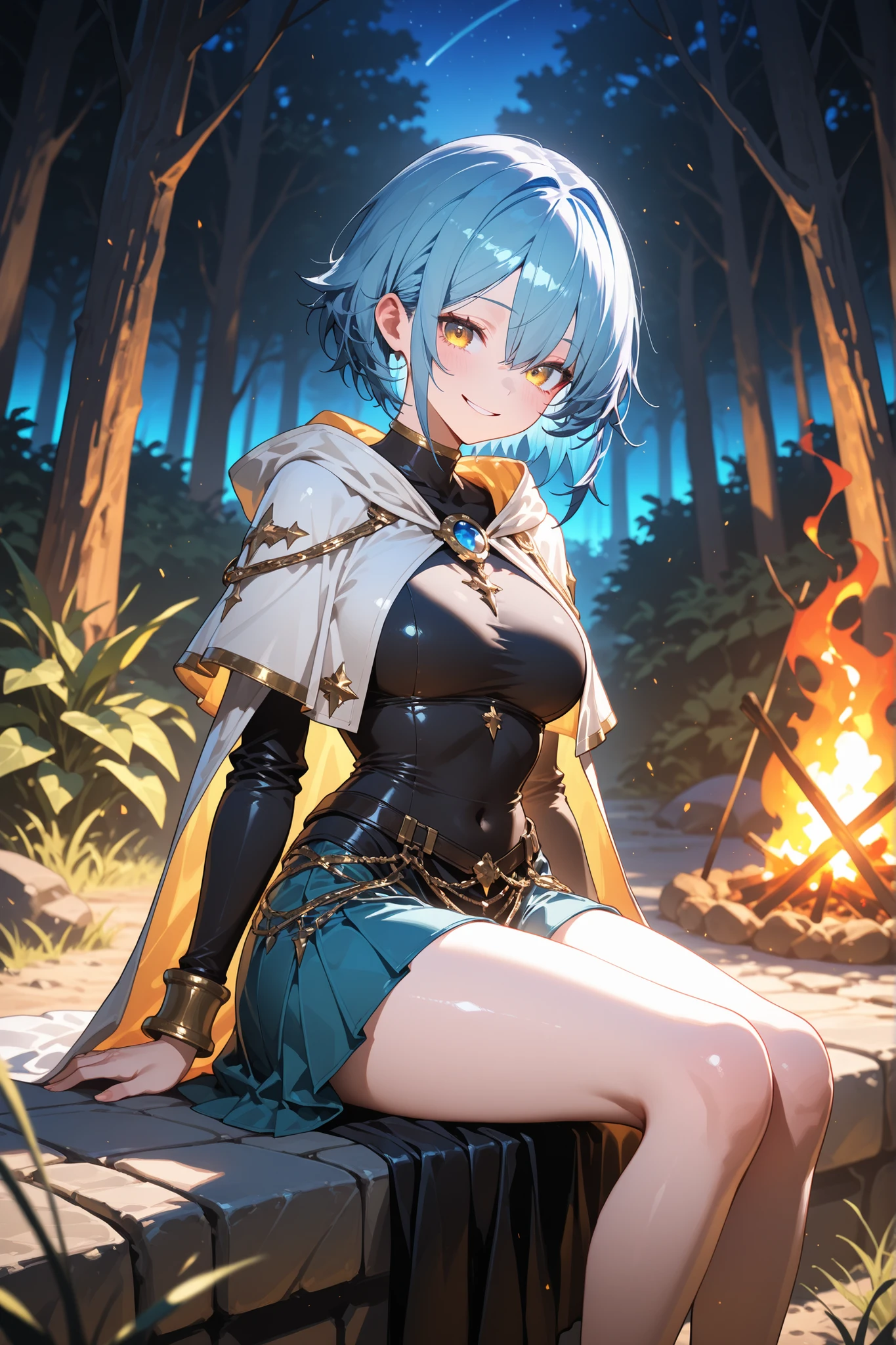 masterpiece,best quality,amazing quality,ultra-detailed,very aesthetic,sharp focus,depth of field,vibrant colors,ray tracing,best lighting,detailed illustration,detailed background,cinematic,beautiful face,(EyesHD:1.3),beautiful eyes,solo_female,short blue hair,spikey styled hair,gold eyes,fantasy support mage clothes,sitting by the fireside,forest background,fantasy campsite background,night,obsessive smile,