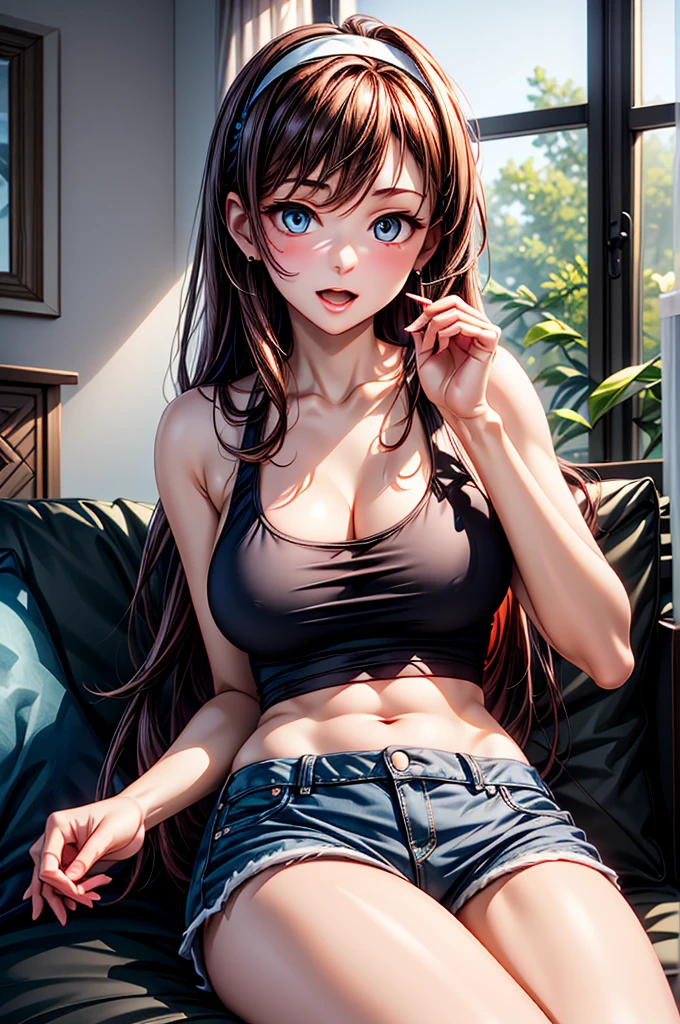 (top quality, 8k, masterpiece: 1.3), pretty woman with perfect figure: 1.4, dark brown hair, big, wearing pendants, torn shorts, sleeping in bedroom, highly detailed face and skin, detailed eyes, double eyelids