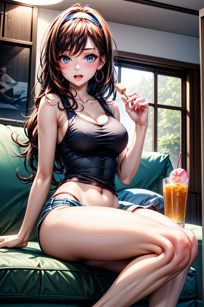 (masterpiece:1.2, top-quality), ultra high res, ultra detailed, (realistic, photorealistic:1.4), beautiful illustration, perfect lighting, colorful, depth of fields, 
looking at viewer, full body, front view:0.6, 1 girl, solo, japanese, university student, (large breasts:0.8, large ass, seductive thighs, skindentation),
(long hair:1.5, messy hair:1.2), light purple hair, asymmetrical bangs, emerald green eyes, (shiny skin), 
beautiful hair, beautiful face, extremely detailed face, beautiful detailed eyes, beautiful clavicle, beautiful body, beautiful chest, beautiful thigh, beautiful legs, beautiful fingers, 
(beautiful scenery), night, dining room, dining table, dining chair,
((black sports bra, yellow tank top, denim mine skirt)), bare legs, 
(sitting chair, grasp the rice paddlewith your right hand, grasp the rice bowl with your left hand), (happy smile, open mouth), camel toe,โชว์กางเกงใน, กางเกงในสีขาว,