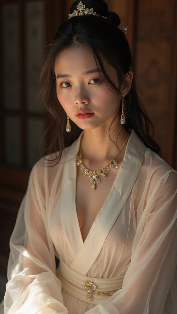 Elegant mature young woman wearing pink tatoe。Full body front view、Asian、The skin is relatively white、Luxurious clothing、Silky transparent lace on the clothes、Gold wire trim、Jewelry decoration、A pearl necklace hangs around her neck。