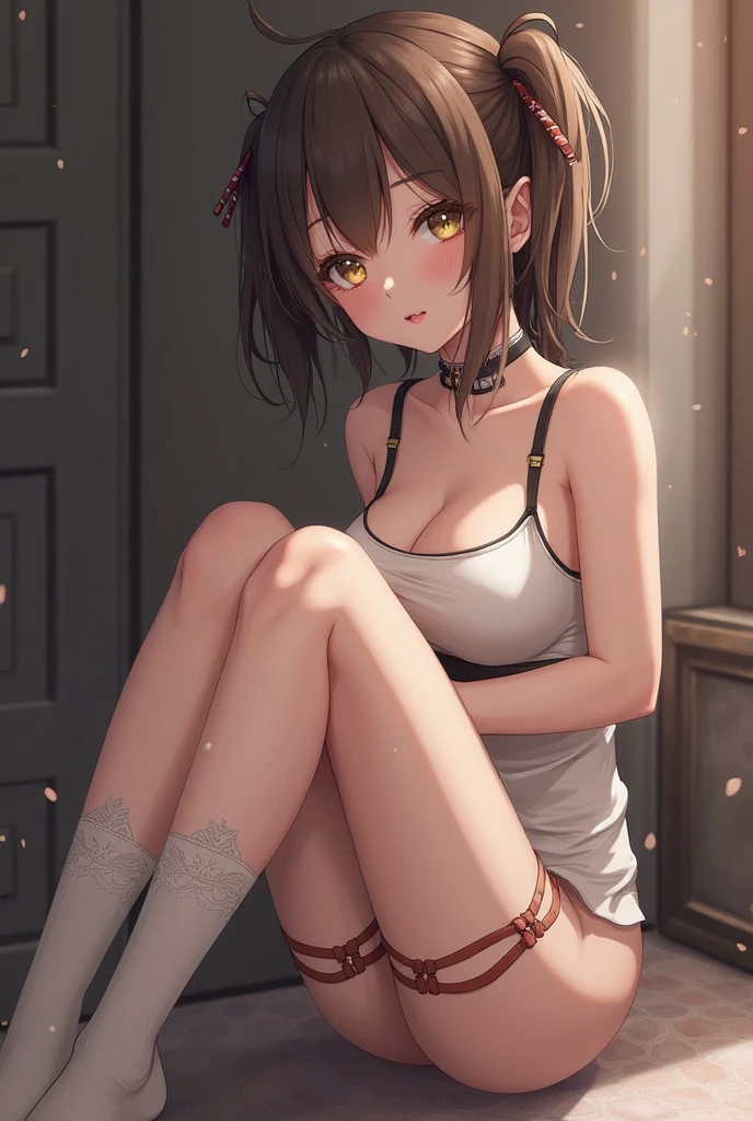 ((4K, masterpiece, highest quality)), 1 girl, anime, Light brown SHRT hair, red eyes, medium breasts, cute, blush, Sweat,pleated skirt, underwear, spread your legs, Thighhighs, Wet, Tank top