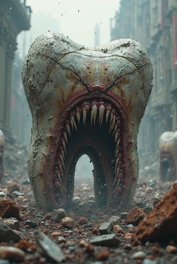 Best image quality, masterpiece, multiple human faces on a single round creature, infatuated expression, sewage treatment plant background, detailed skin expression, detailed image texture, brutal, grotesque, horror, eerie atmosphere, (not AI image), cloudy weather