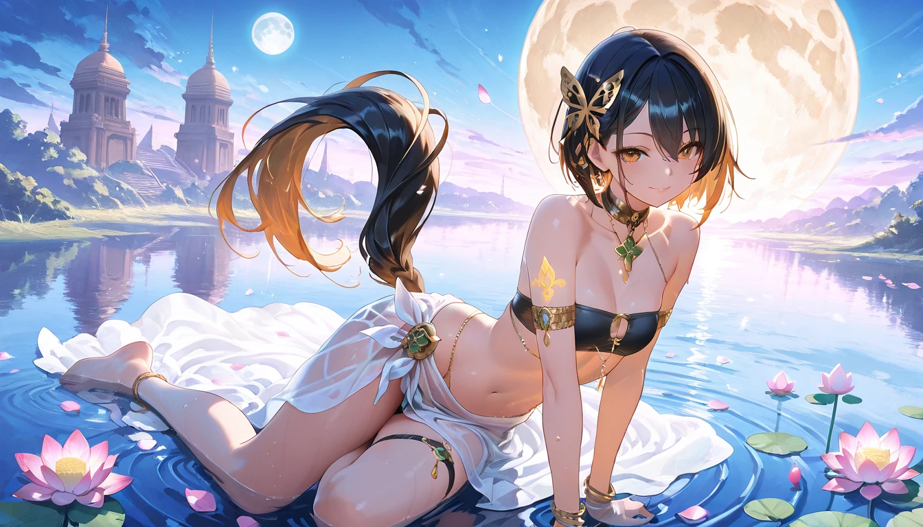 (Representative work: 1.2), (Best quality: 1.2), Solo, One girl, Shinobu little butterfly, happy smile, (yellow bikini: 1.4), On face, Realistic eyes, Lilac eyes, Wet face, Black hair, (Loincloth: 1.4), Taisho era, rear view, shows ass
