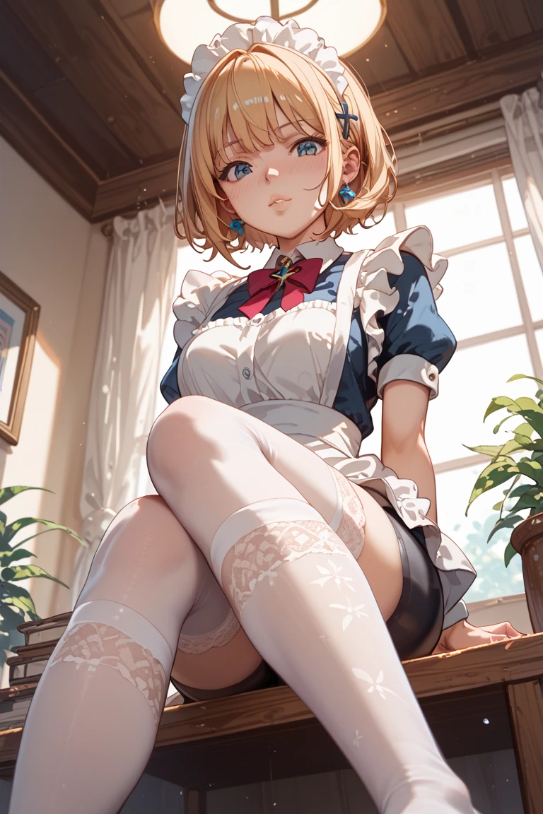Slim woman wearing glasses、Show your underwear、Sheer lace underwear、Long maid outfit、Ade(dude)、smile、Bedroom
