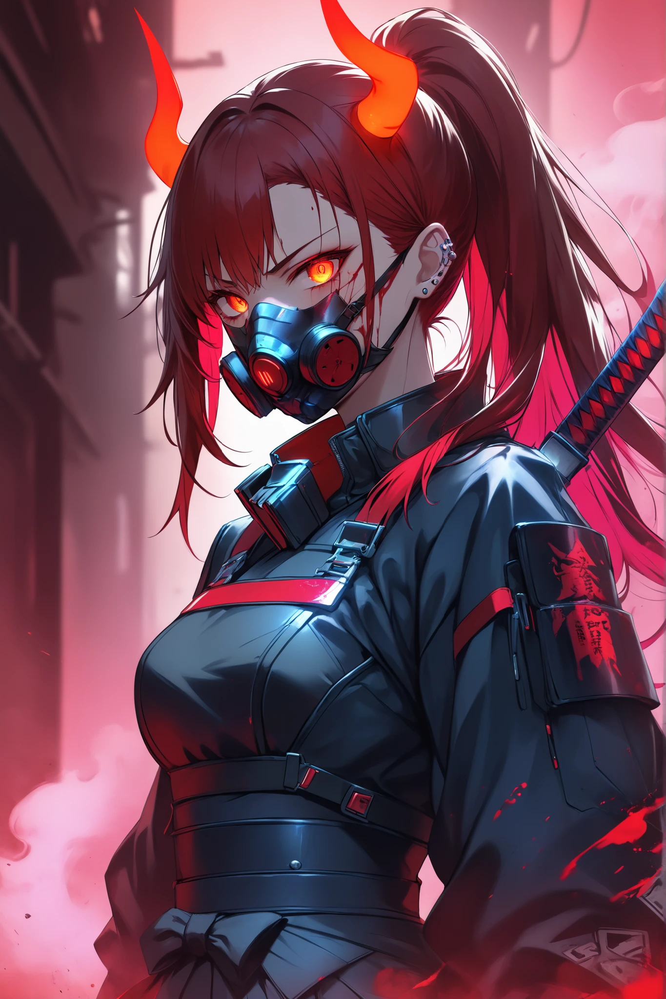 ((masterpiece)), ((RAW 4K)), ((anime-real fusion)), ((cyberpunk samurai woman)), ((high detail)), ((battle-worn)), ((emotionally intense)), ((glowing red horns)), ((bloodstained)), ((smoky neon background)), ((cyber oni-style respirator mask – lower face only)), ((commanding presence)), ((frontal standing))
A 20-something female cyberpunk samurai stands tall, facing forward with unshakable resolve. Her piercing amber eyes glow with intensity, streaks of blood trailing from them like tears of fury. Her expression is a fierce scowl — hardened, defiant, unyielding. Her long crimson red hair is tied back in a taut, high ponytail, slightly disheveled and singed at the ends.
She wears a fusion of traditional samurai armor and futuristic cybernetic plating, bloodstained and scorched. Her short neo-hakama skirt reveals armored undershorts, worn for agility. Glowing blue lines pulse faintly through the fabric and plating. Her hands are wrapped in fingerless cyberpunk gloves, subtly reinforced with tech plating. A sleek katana with a neon-accented hilt is strapped across her back, only the handle visible above her right shoulder, ready to be drawn.
Smoke swirls behind her in a ruined alley lit by broken neon signage. The air shimmers with heat and despair, while blue and red rim lighting carves her silhouette in vivid contrast. Blood stains mark her chest armor and collar, but she remains motionless — the calm before one final strike.
**Camera: frontal full-body shot, eye-level. Background: smoky, glowing city ruins. Lighting: harsh rim lights and ambient neon haze.**