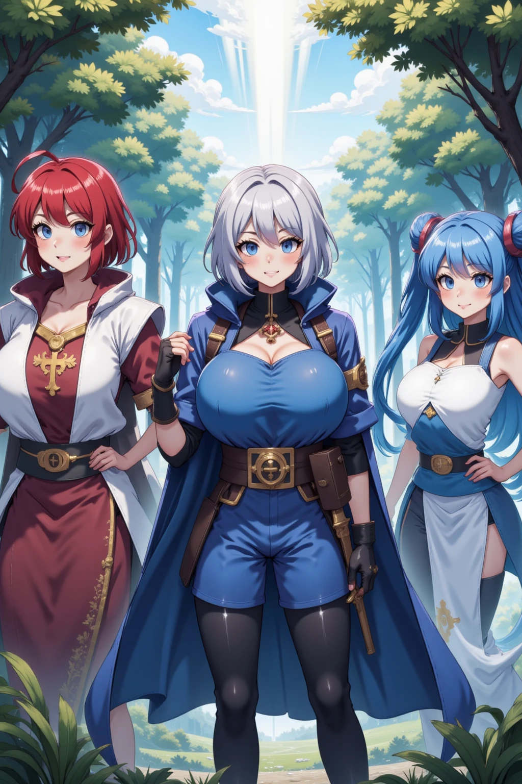 highest quality、High resolution、8K、cute beauty、detailed background、beautiful and detailed face、beautiful and smooth skin、skin texture、Beautiful teenage girl、(5 women)、(big breasts:1.4)、Anime series featuring warriors of justice.、Each character comes with a different colorful dress and accessories.。sexy pose、field