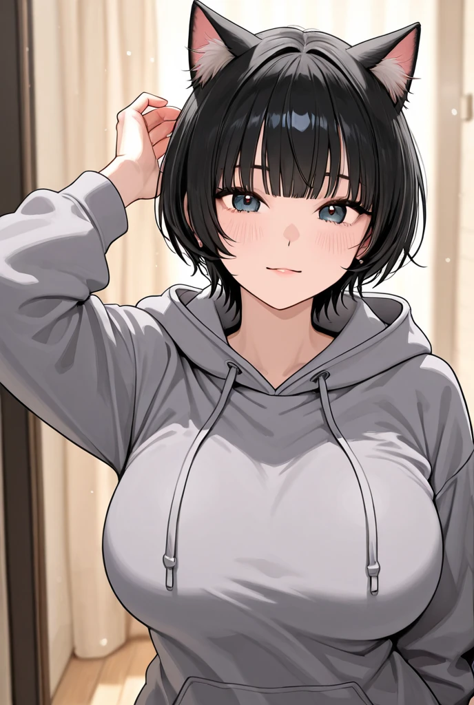 Best Quality, Anatomically correct, 1girl in, Smile, blush, bob cuts, Gothic girl sitting alone, her melancholy expression、emphasized by the gloomy atmosphere. 、I'm wearing a hoodie, And her outfit is、Black that amplifies the desolate atmosphere. A dark-haired，Add an element of mystery to her appearance.red eyes，cute little，Erotic，Big