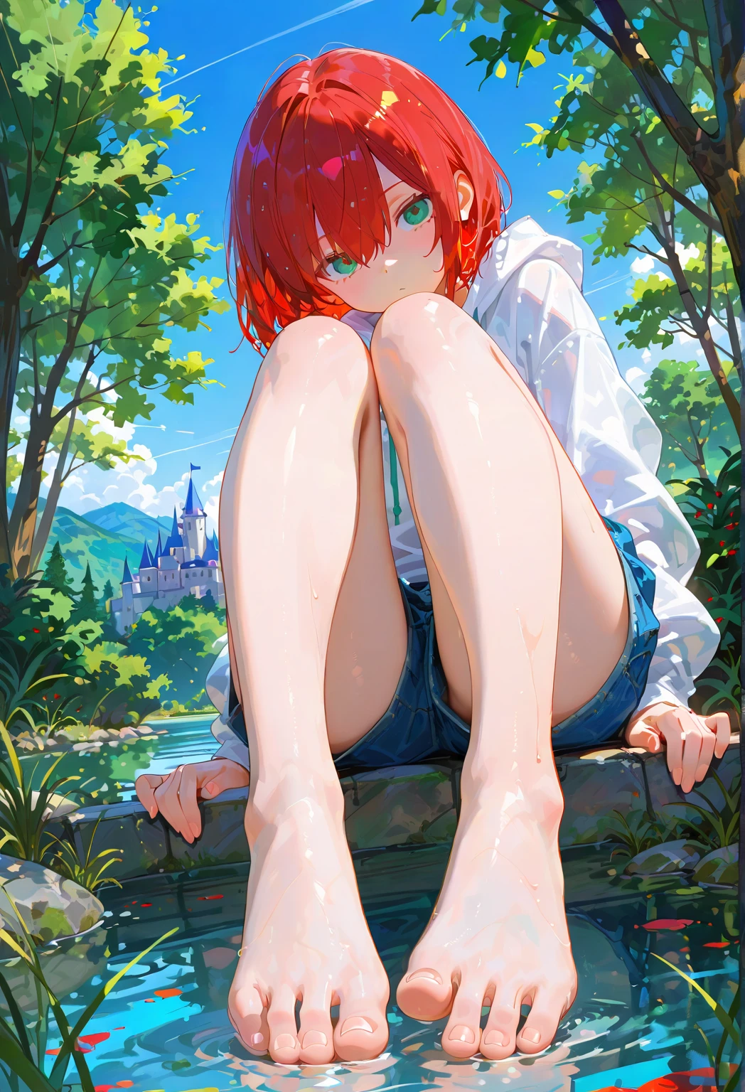 young red-haired girl lying naked on the river bank on top of a rock with her legs up wrapped in a hammock, young, flat chest, short young girl, thick legs, confused girl, full body, arms up, pretty hands, pretty feet , redhead girl, short hair, bob hair with bangs, wavy hair, green eyes, nsfw image, erotic photography, funny eroticism, wallpaper, high quality, realism, british girl, freckles, natural redhead, teenager, small breasts