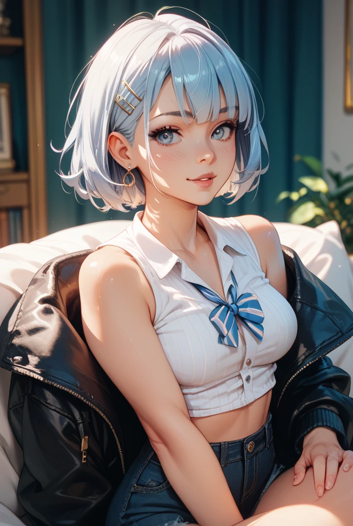 Colorful hair and colorful dress in anime ((cat-eared 1girl)),   pastel vivid, rossdraws cartoon vivid, anime style 4k, beautiful anime portrait, artgerm colorful!!!、! dream art germ, beautiful anime, cat ear 1girl, anime style digital art, anime art wallpaper 4k, anime art wallpaper 4k, digital anime art, highly detailed art germ, ,  full body, sitting in her office, white hair, front view, smirking,