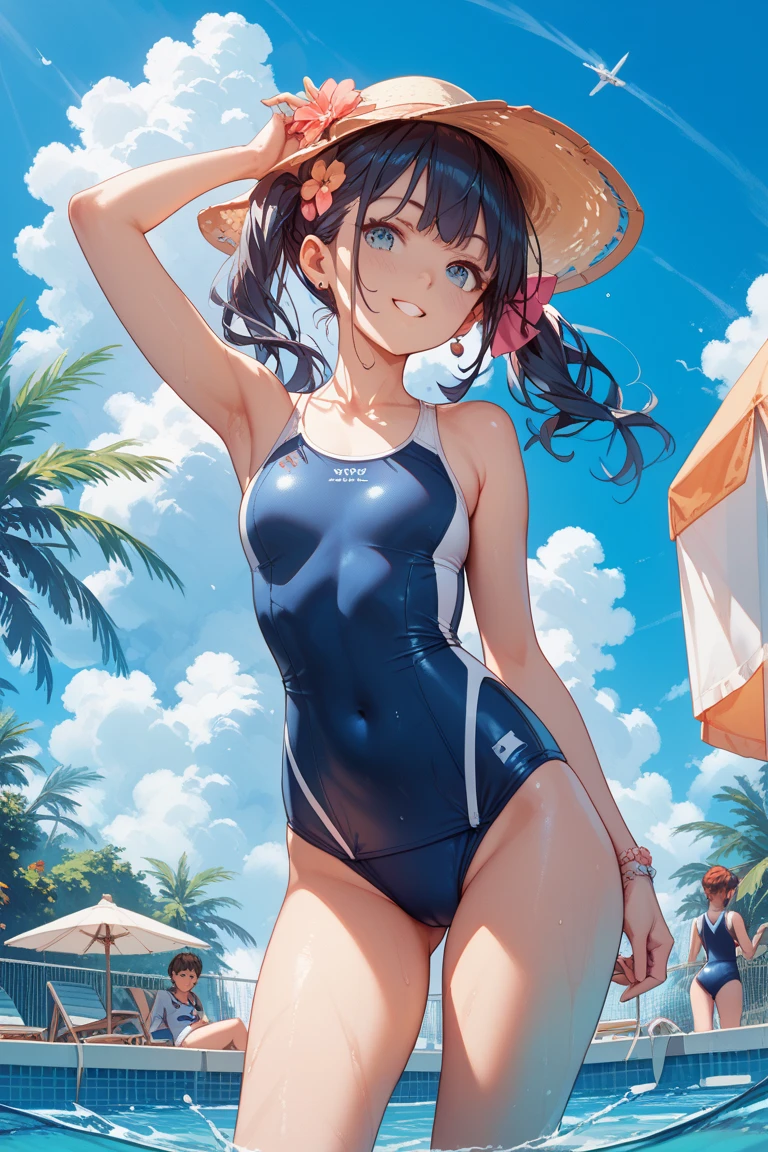 Highest quality, masterpiece, Ultra-high resolution, (Realistic:1.4), RAW Photos, Intricate details, Big beautiful eyes, Perfect contours, masterpiece, One Girl, ((A young female college student))Braided Bob, chest is medium size, Competitive swimmer, (one piece, turtleneck,Sleeveless swimsuit), Clear sapphire glass swimsuit, tight high leg swimsuit, ((back view:1.3, looking over shoulder:1.3, shoot from below:1.3)), Portraiture, View your viewers, Outdoor swimming pool, Partially submerged, Wet Skin, smile, (Underarm)