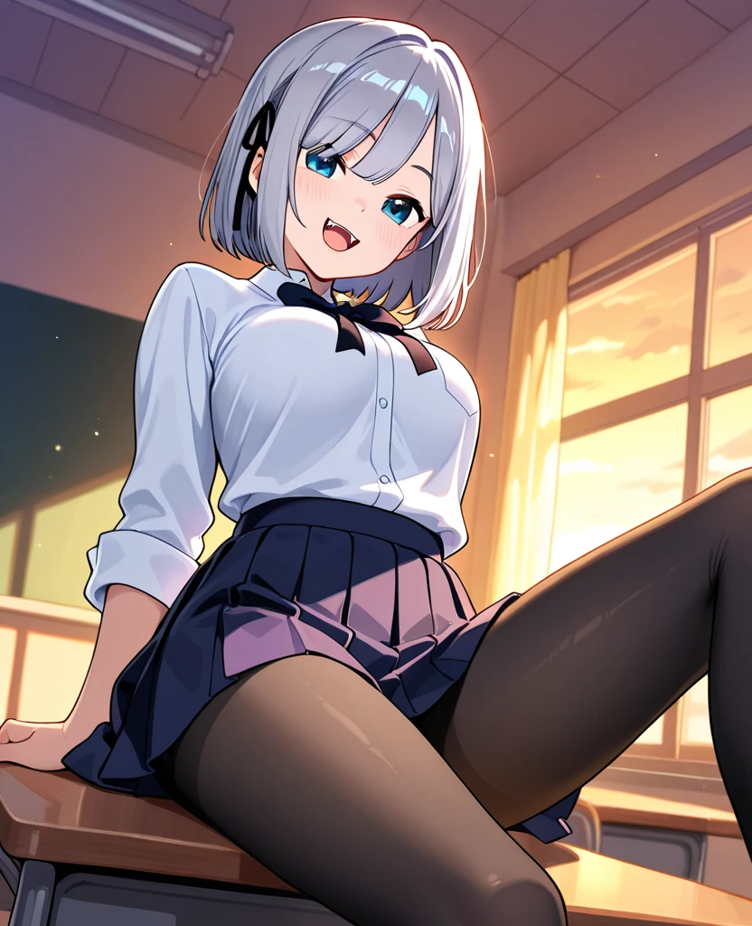 (anime style),masterpiece, best quality, extremely detailed,16Year old,tanned skin,dark skin, Beautiful tall body,baby face,Large breasts,BREAK,multicolored colorful White hair,flipped hair,for head,BREAK,black eyes,best smile,open mouth,detailed lips,BREAK,cotton black big ribbon,BREAK,oversized school sweater、tartan check Skirt,striped_panties,up skirt,spreading legs,childish pose,break,head tilt,school room,sitting desk