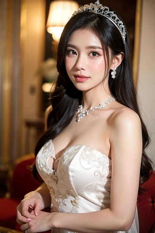 8k、real photos、ultra high resolution, master parts, highest quality, ticker , cinematic images,nice girl、Ann、、Annグロサクソン人、eyes are purple、double eyelid、very垂れ目、(very, very大きな瞳:1.9)、dark eyeshadow、very薄い唇、The tip of your nose grows beautifully..、Small tip of the nose,,,,, very detailed ,silver hair、straight hair、very smiling、 sweet expression 、very beautiful woman、long legs、big breasts、 very clear shadows , jewelry , fine eyes, shiny skin , パーフェクトブリリAnnト, very大きなおっぱい, dramatic shadow 、She wears a white see-through dress、Gold embroidery throughout the dress、white high heels、white tiara on head、gold necklace、angel wings on the back、holding a bouquet of flowers in both hands