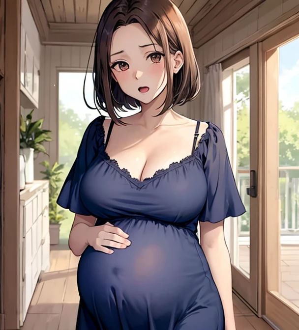 pregnant beautiful mom with brown ponytail hair, blue eyes, black shirt, blue pants, happy, sitting,