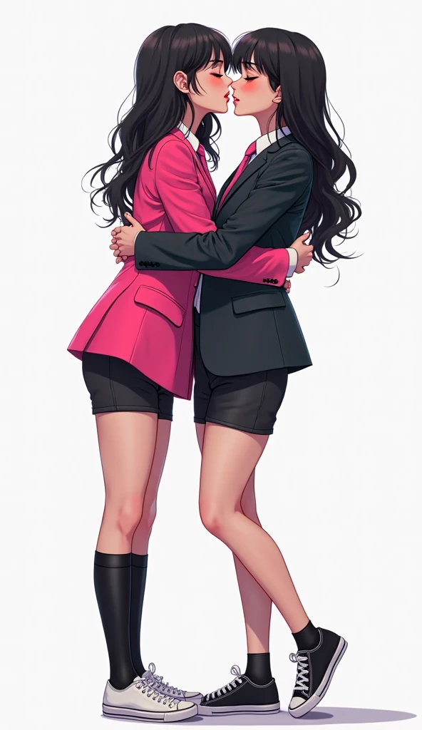 Two young women., Yuri, the first girl, will wear a pink suit., white shirt,  Pink pencil skirt, Black underwear, black stockings, Plain white socks, White sneakers, the second girl will wear a gray suit., black shirt, Gray pencil skirt, Black underwear, black stockings, Plain white socks, White sneakers, hot love scene, Hugging each other, They're kissing., Close both eyes, หญิงสาวคนที่สองใช้มือหนึ่งข้างจับไปที่ขอบกระโปรงสีชมพูและใช้มือดึงกระโปรงสีชมพูขึ้นจนเห็นBlack underwear, Fictional cartoons, 4K, HD