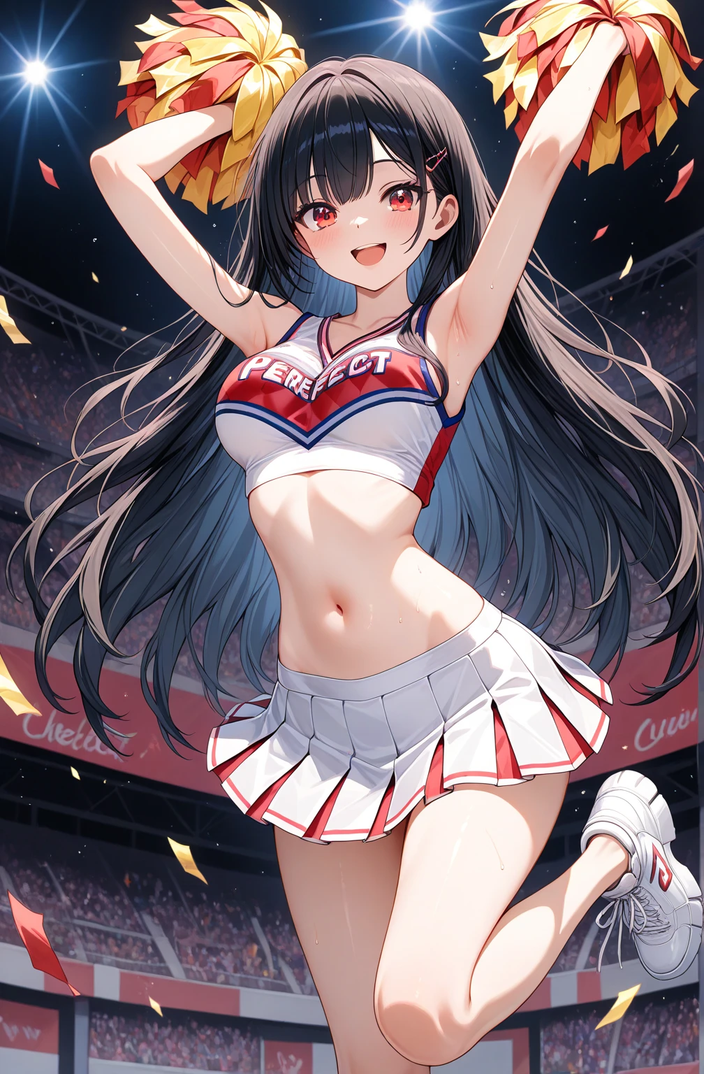 (1girl in, Solo:1.4), Dynamic Poses, sale,(Smile with plenty of room:1.1) BREAK, 1 beautiful girl, (Cute:1.5), (Chibi: 0.8), (kawaii: 1.5), (Lori: 0.5), (17 years old girl) BREAK, (Big Tits: 1 . 2,), Clear skin, Beautiful skin, Shy, 1 beautiful girl, Brown hair, (Cat ears, High Ponytail, Medium Long Hair,Curly hair: 1. 2), (almond shape eyes,Light blue eyes, long eyelashes, Double eyelid 1.2), Shiny skin, BREAK, Clear skin, Beautiful skin,BREAK, pompoms (cheer leading), cheer girl, Armpits, Skirt, Navel, Solo, Smile, croptop, Sleeveless, Stomach, Looking at Viewer, Sleeveless shirt, Shirt, Miniskirt, Red skirt crop top overhang, bow ribbon, Hair Ribbon, Pleated skirt,BREAK, Midriff, Outdoors, Stadium,Holding, :D, Cowboy Shot, thighs thighs thighs thighs, Bare shoulders, Red Shirt, day,, Confetti, Standing, skyporn, Arm up, Bare arms, blush, cheering