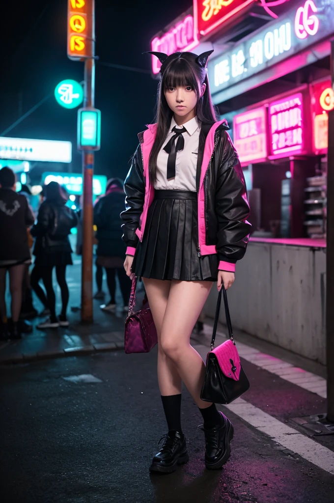 <lora:LoraLandmineGirlFashion_v20:0.8>, <lora:chunmomoLoraOfFullbody_fullbodyV21:0.8>, 8k, (masterpiece), (best quality), ultra high res, extreme_detail, (photorealistic:1.4),
1 young girl, solo, chunmomo, (jirai fashion with pink blouse and black mini skirt:1.6), lace, (black lase sock bow), ((black bow on chest)), black platform shoes, black backpack, ((twintails)), blunt bangs, black hair with pink highlights, (detailed face), realistic, (skinny), (small head), (slender), hair ornament, hand on hip,
(looking at viewer), ((upper body)), sidewalk, full body,
((night)), neon cherry blossom, food street in tokyo, cityscape, neon, ((atmospheric neon light)),