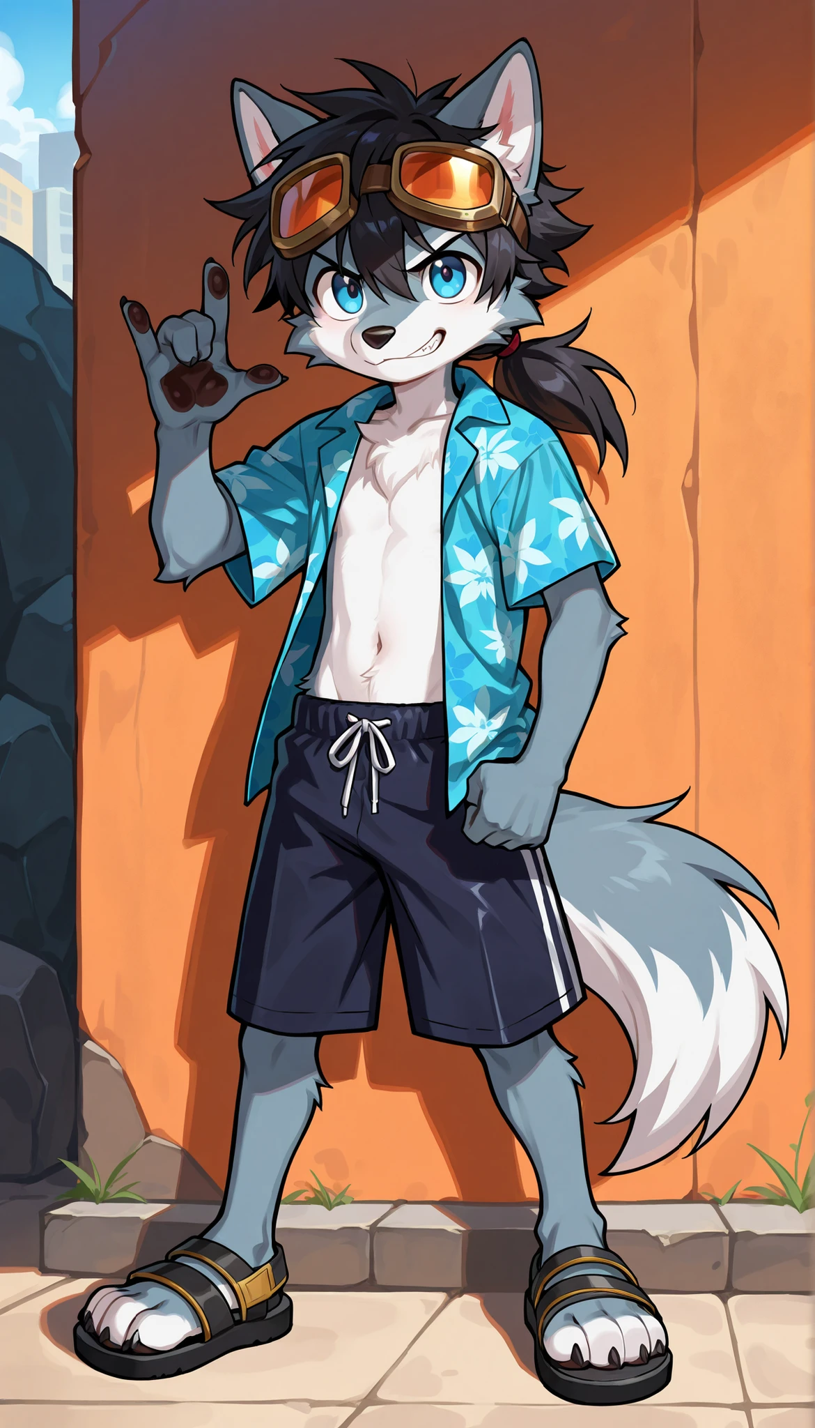 Furry shota, wolf, black hair, long spiky ponytail, blue eyes, detailed body fur, ((goggles, blue hawaiian shirt, open clothes, one shoulder off, black swim trunks)), looking at another, fangs, clear grey body fur, detailed face, big eyebrows, detailed eyes, detailed body, detailed body fur, detailed hands, glistering body, shiny body, skinny, uper body, injured, dirt on the body, damaged clothes, bruises, grin, ruins, forest, solo, injured pose, full body, feets with three toes, ((one eye close, wink)), after fight,