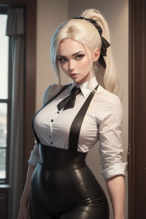 1 Beautiful woman aged 23, light blong hair, tanned skin(realistic skin details, realistic skin), blue eyes, red lips(detailed lipstic), make-up, earrings, jewelry, tattoo, perfect body, bigger breasts, six pack,  ( perfectly detailet fingers), wearing stunnig suit 
