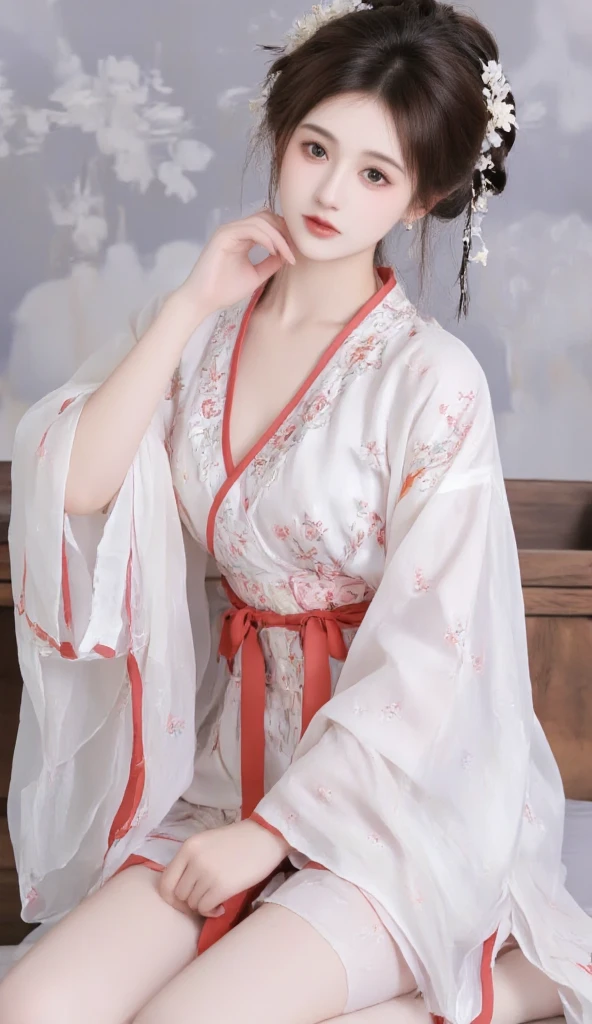 best quality, masterpiece, high resolution,1 girl,Pretty Face,whole body,Chinese clothes,White Taoist robe,(Gorgeous decoration),peach,