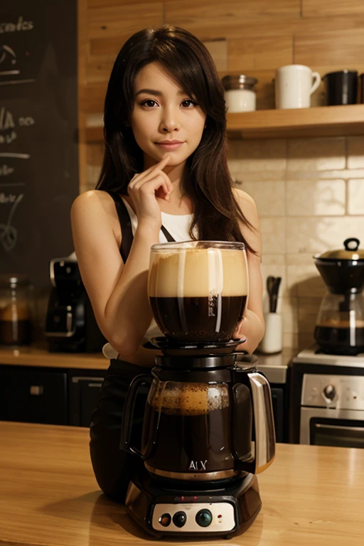 best quality,4k,8k,highres,masterpiece:1.2,ultra-detailed,realistic:1.37,girl(s),beautiful detailed eyes,beautiful detailed lips,extremely detailed face,soft natural lighting,casual outfit,intimate atmosphere,coffee aroma,barista preparing coffee,espresso machine,artistic latte art,cozy corner,comfortable seating,wooden furniture,plants and flowers,delicate porcelain cups,various types of coffee beans,coffee grinder,coffee beans in burlap sacks,classic vintage espresso machine,cappuccino with frothy milk,aromatic coffee brewing,rich and smooth coffee taste,sun rays streaming through windows,soft color palette,relaxing background music,calm and peaceful ambiance,gentle clinking of cups,artisanal coffee,steaming cup of coffee in hand,indoor balcony with potted plants,bookshelf filled with novels and magazines,sunlit interiors,inviting atmosphere,friendly and attentive staff.