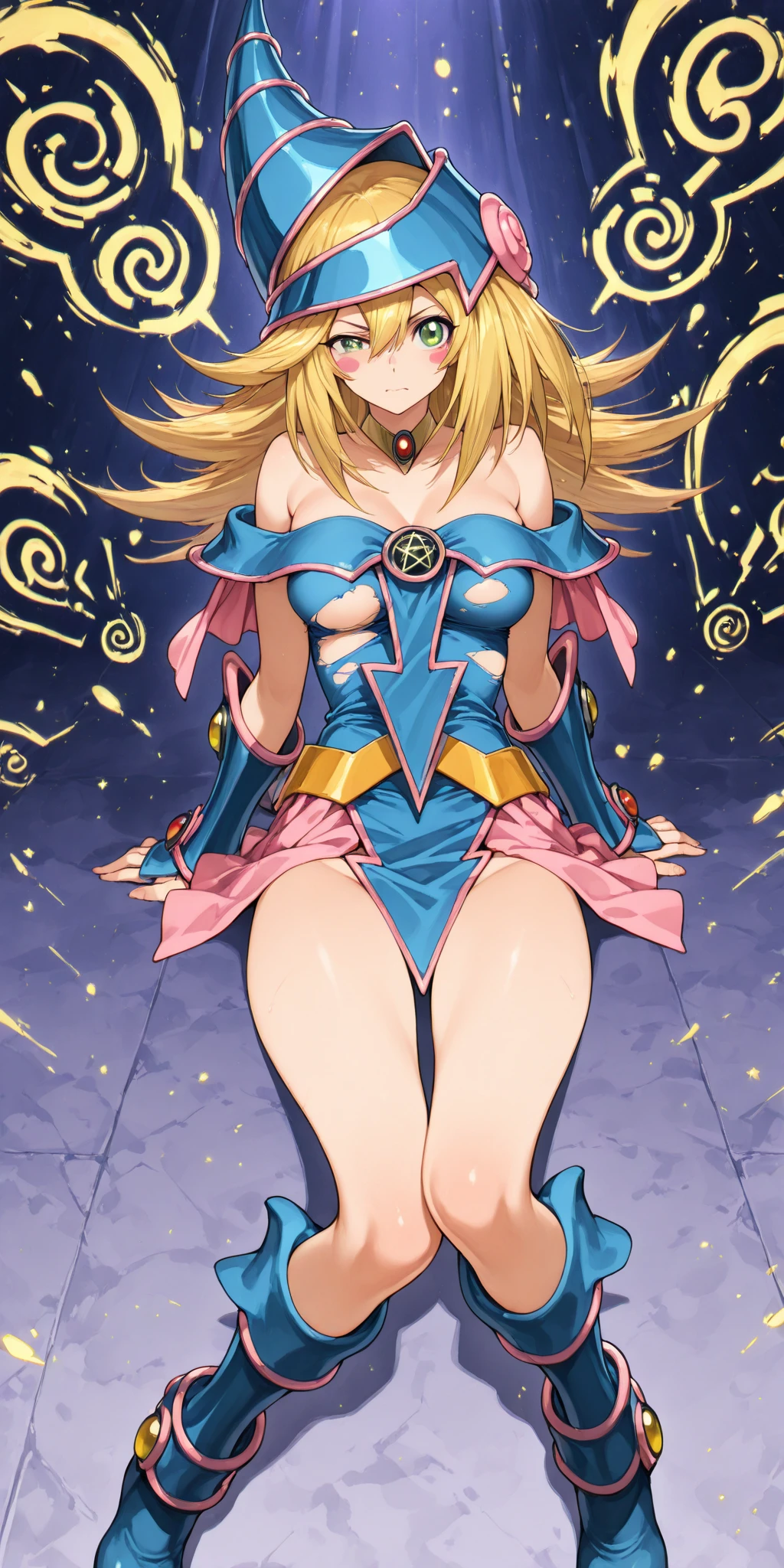 Black Magician Girl、Super Breasts、Thick thighs、blonde、magic circle、8k, 4K, Highest quality, High resolution: 1.2),Wink、Nipples are exposed、Cute anime face、Pink blush on cheeks、Noise Reduction、Tight leotard、Carry a walking stick、Carrying a walking stick、Rear View、i squat、Full body portrait、T-back that digs into your ass、glowing green eyes、Laughter、Fall into Darkness