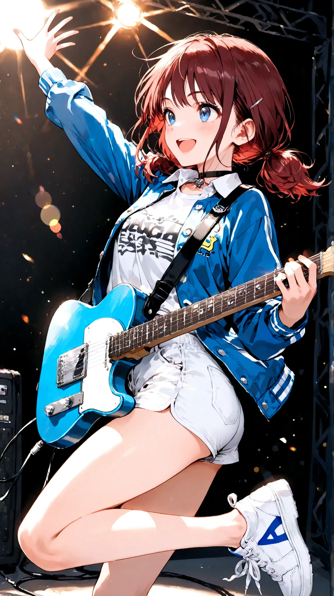 masterpiece,best quality,1girl,solo,iseri nina,girls band cry,safe,red hair,brown hair,twintails,low twintails,short twintails,medium hair,blue eyes,bare legs,choker,black choker,long sleeves,jacket,blue jacket,buttons,shirt,collared shirt,open clothes,open jacket,shorts,short shorts,white shorts,shoes,sneakers,white shoes,white sneakers,electric guitar,fender telecaster,foot out of frame,from above,from side,guitar,guitar strap,holding,holding guitar,holding instrument,instrument,cable,audio cable,jumping,lens flare,smile,open mouth,outstretched arm,outstretched hand,stage lights,twisted torso,