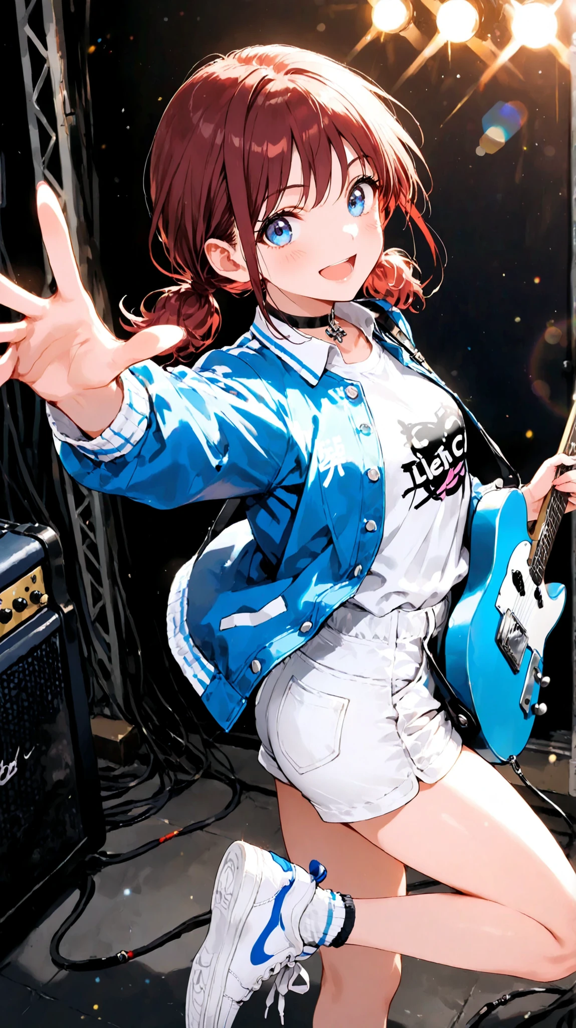 masterpiece,best quality,1girl,solo,iseri nina,girls band cry,safe,red hair,brown hair,twintails,low twintails,short twintails,medium hair,blue eyes,bare legs,choker,black choker,long sleeves,jacket,blue jacket,buttons,shirt,collared shirt,open clothes,open jacket,shorts,short shorts,white shorts,shoes,sneakers,white shoes,white sneakers,electric guitar,fender telecaster,foot out of frame,from above,from side,guitar,guitar strap,holding,holding guitar,holding instrument,instrument,cable,audio cable,jumping,lens flare,smile,open mouth,outstretched arm,outstretched hand,stage lights,twisted torso,