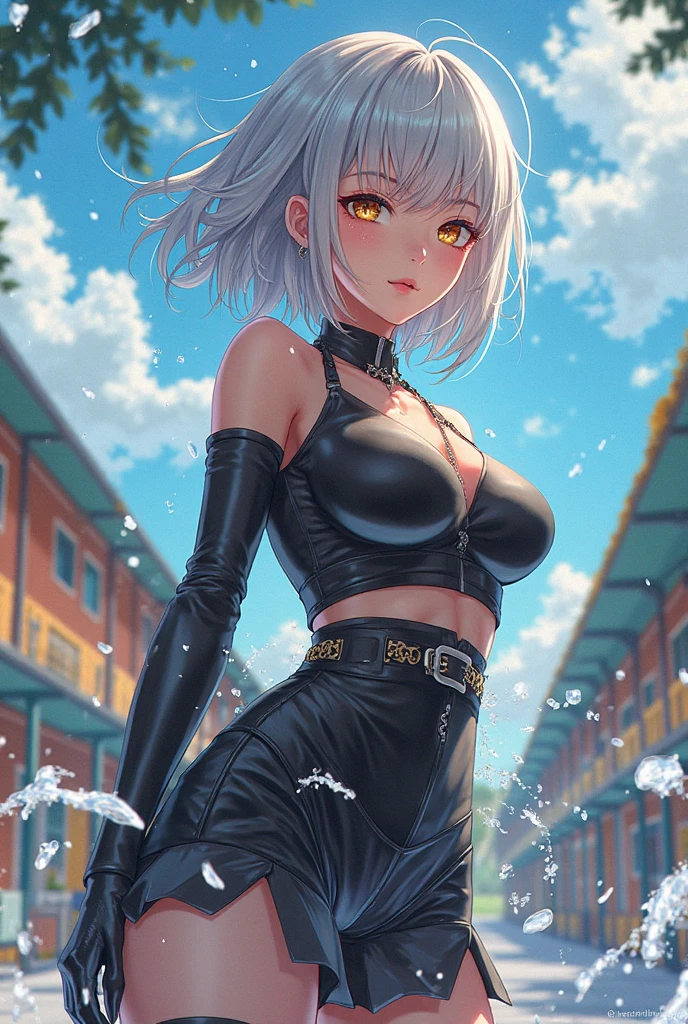 (巨作: 1.2, 最好质量: 1.2, beutiful, high qulity, high resolucion: 1.1, aesthetics), Detailed, Extremely detailed, ambient soft lighting, 4k, perfect eyes, a perfect face, perfect lighting, a 1girl, animal ears, quiff, bare shoulders, black thighs, violet eyes, tits, cat ears, cat's ear, closed mouth, collarbone, Covered, crop-top, facial mark, hair above one eye, neck, jacket, big breastes, lips, long sleeves, looking to viewer, off-the-shoulder, revealing clothes, multicoloured hair, Shirt, short hair, Short shorts, briefs, Sleeveless, 独奏, tail, Curvy hips, Lush breasts, tights in a mesh,