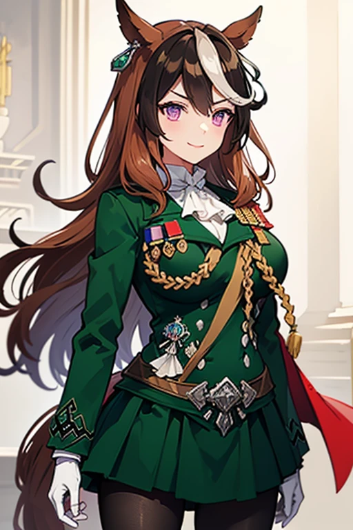 (masterpiece, best quality:1.4),(serebryakov:1.2), 1girl, smile, bangs, blue eyes, brown hair, long sleeves, long hair, jacket, upper body, looking at viewer, uniform, military, military uniform, cross,  <lora:last-000003:1>