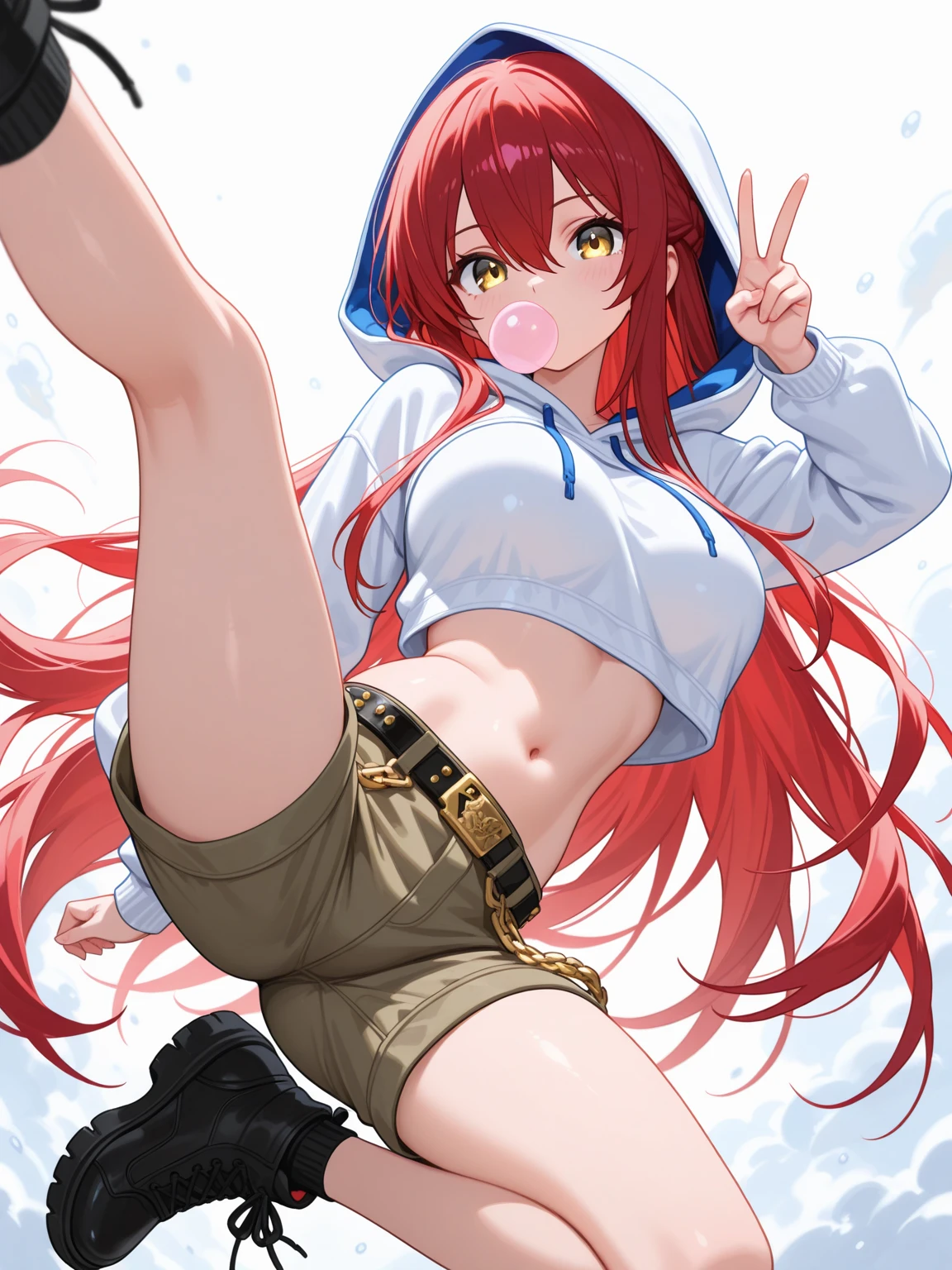 masterpiece, highest quality,  Poor breasts、crimson hair、ponytail、Glowing yellow eyes、Bangs between the eyes、Sexy pose、Pant voice、Lewd atmosphere、Ahoge, Short-sleeved sailor uniform、Pleated skirt,slender legs、8-year-old、Ecstatic expression、I love hold、Spurting body fluids、I feel good！、Prohibited from viewing、Entangled Tentacles,Girl flying in the sky