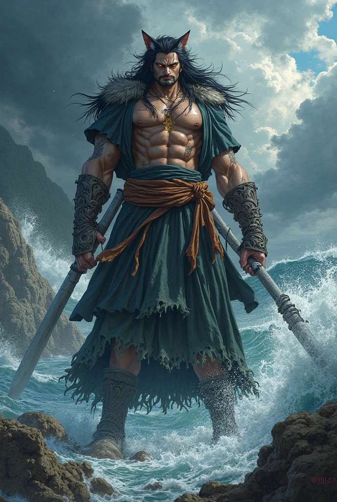 pirate:1.2, skeleton:1.2, with torn clothes, dark tone, scary scene, big wave, thunder, raining, high quality, high detailed, masterpiece, 8k, cinematic lighting, superrealistic, long exposure, full body shot, lightening, dressart