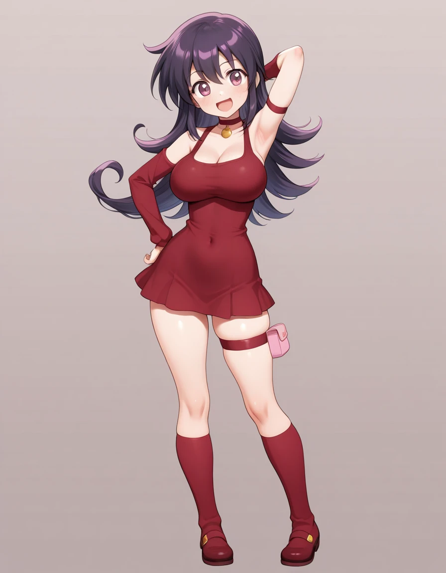 A shy girl nervous afraid dumb quiet sexy cute beautiful beautiful big breast long wavy black hair her pink eye wears a red blouse under a black vest shows navel and a red thong yellow boot long yellow gloves metal