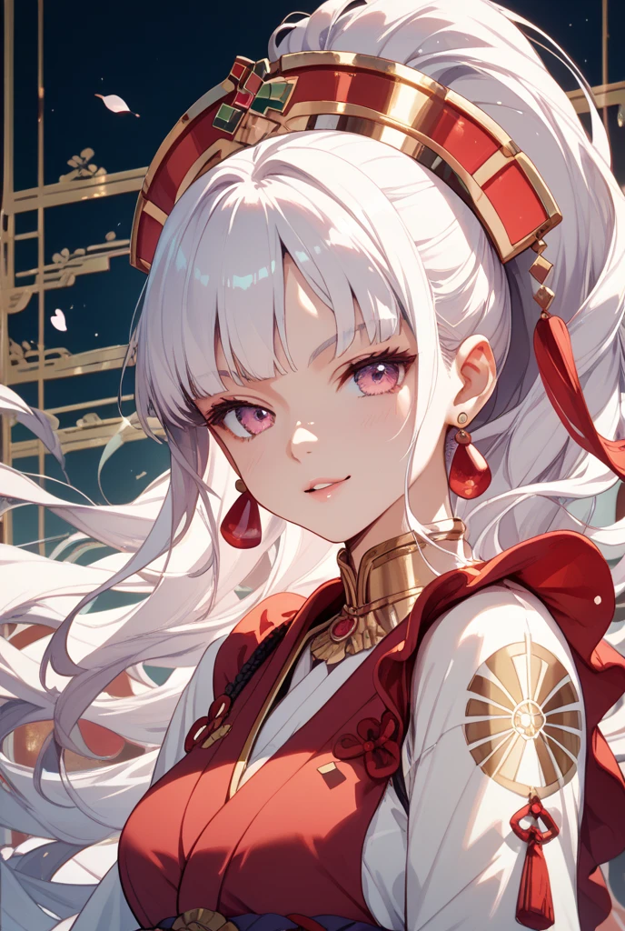 1girl, blunt bangs, braid, wide sleeves, hair ornament, japanese clothes, red obi, (white hair:1.2), very long hair, straight hair, looking at viewer, highly detailed background, (photo realistic:1.2), detailed eyes, red eyeshadow, depth of field,thigh, (ulzzang-6500:0.7), upper body, (solo:1.2), (cyberpunk city:1.1), cleavage, (finger on lips:1.1),Shiny skin