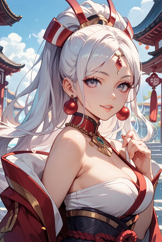 4K、High definition、Holy Maiden、Shrine maiden、With many flowers blooming、Chestnut Hair(The center is silver、The tips of the hair turn red)、whole body、Jade Eyes、Dance dedicated to the gods、Votive dance