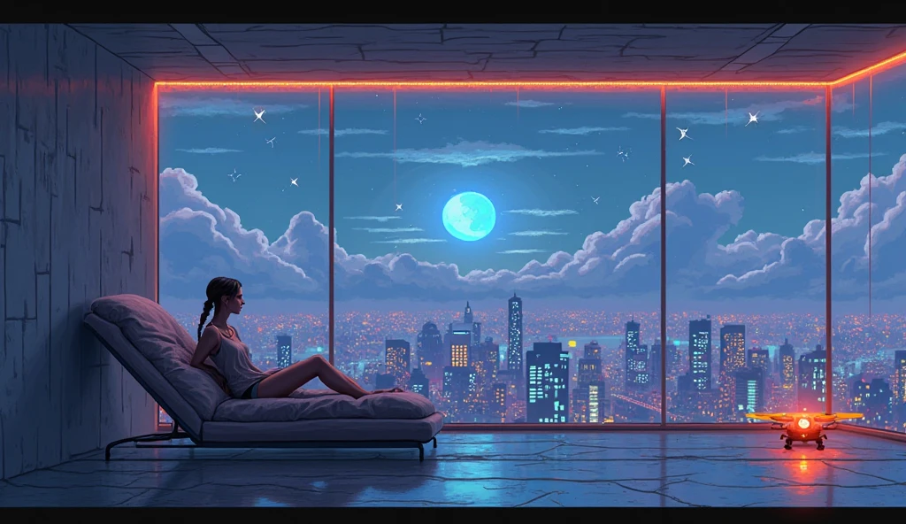 A single girl is sleeping with headphones on in a room with a beautiful night view. The scene has a retro feel.