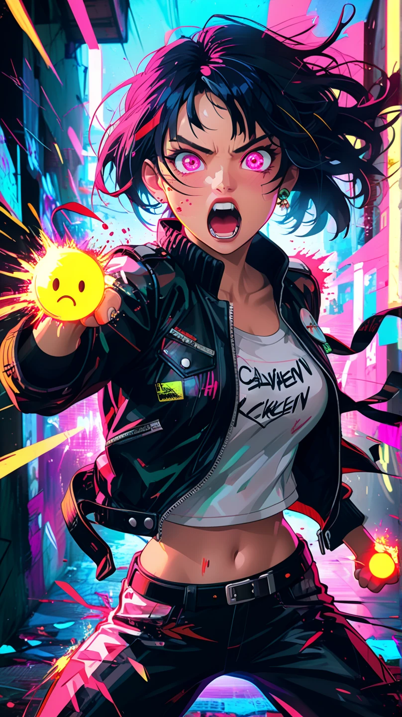 1boy,solo,colorful,yellow eyes,cyberpunk,city,peace sign,earrings,purple hair,eye patche,freckles,prothesis,mechanic,neon,beautiful lighting,purple reflection,cap,smoking,character focus,cg illustration,bust shot,yellow and black outfit,brown hair, tomboy, makeup , full body , long boots , heels, gatner belt, short top, sockings, model pose, open mouth , ahegao , tongue drop