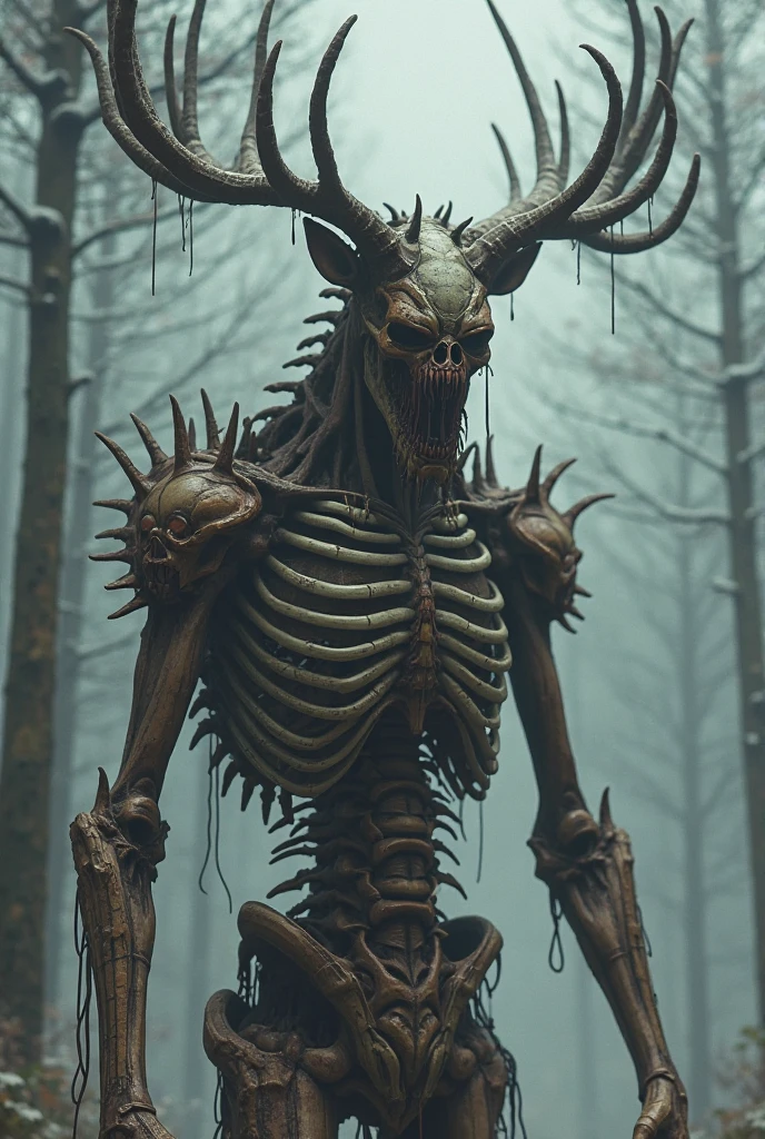 whole body portrait of scary monster made of wood, Leshen, Use a deer skull as a face, Moss, Clothing made from human skin, Wolves as pets, Dark and mysterious forest landscape , Fantasy, dark Fantasy , Medieval, whole body , Cinematic, give , 8K, Unreal Engine, Realistic, masterpiece, High detail, whole body , sf, Low lifespan, Volumetric lighting