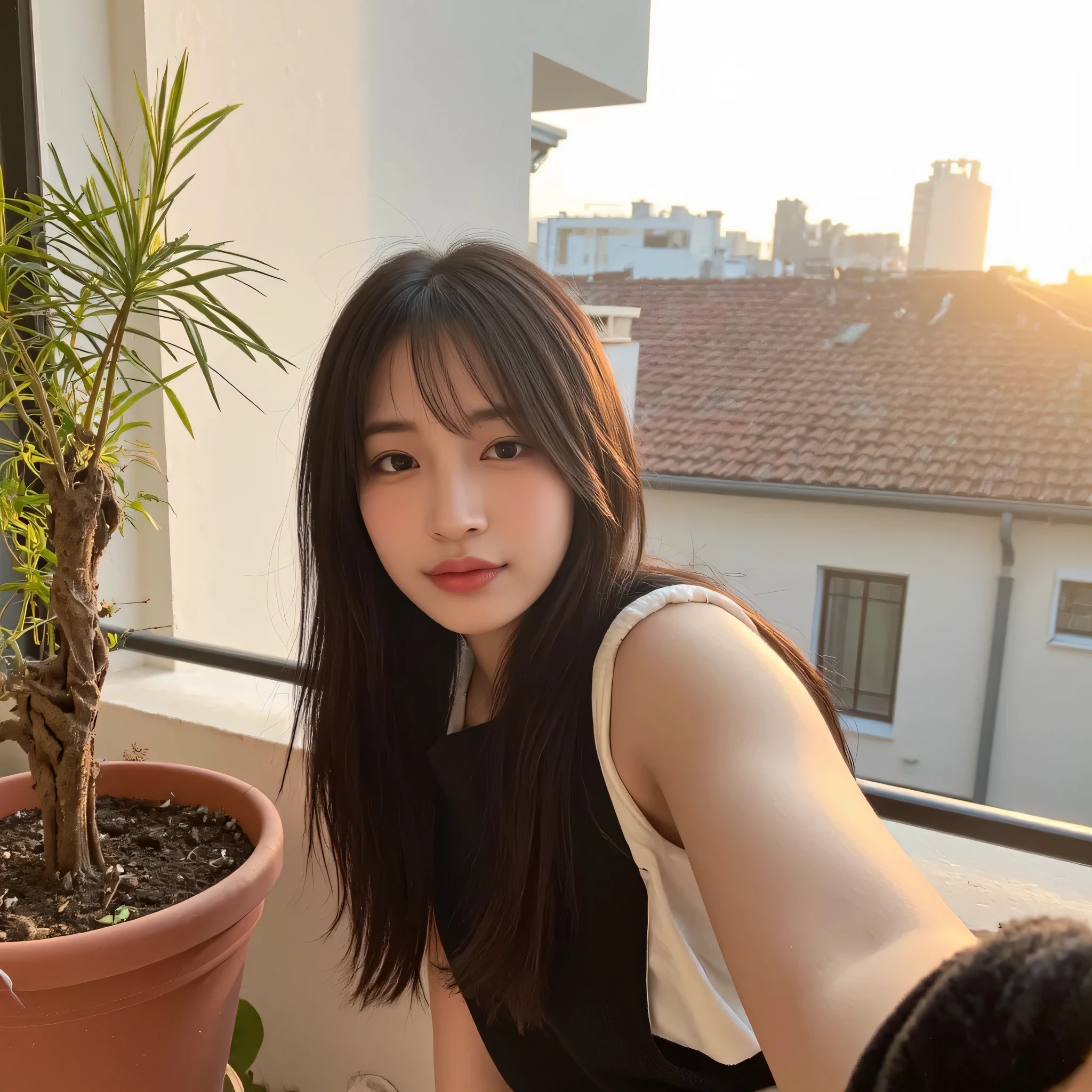 a cinematic hyper-realistic selfie of a Korean girl idol on her apartment balcony watering plants, soft golden morning light on her glowing skin, long tousled black hair flowing gently in the breeze, no makeup look with natural glossy lips, slightly smiling, deep expressive eyes, warm tones, shallow depth of field, highly realistic iPhone 14 Pro portrait