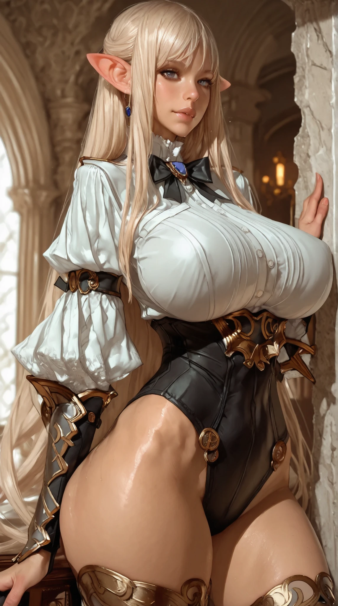 ((Highest quality、High resolution、Highly detailed CG Unity 8k wallpaper))、Detailed face、Perfect body、Unparalleled beauty、Curvy but slender body, Perfect Eyes, Perfect Face, Perfect lighting, Quality clothing、1 Girl, detailed castle background、Long Hair, Curly Hair, Quality clothing, Bright and beautiful face、Young and shiny white glossy skin、The ultimate beauty、The most beautiful light blonde hair in the world、Thin Hair、Super long straight hair、Shiny beautiful bangs、Shining, clear, big blue eyes、Very beautiful and adorable 17 year old girl, the most beautiful in the world、Big and ample breasts、、Sexually excited expression、A sexy dress with intricate details、((She lifts up her skirt and shows her panties、I'Is tempting you、I'm inviting you to have sex))
