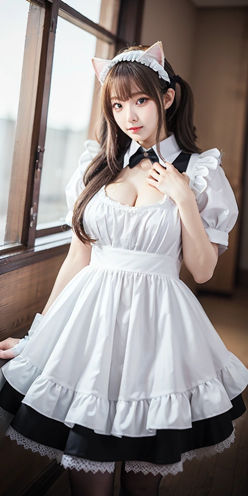 Photo-realistic,(Hyperrealism),(Portrait - full body), Clear skin, Minimalist background, (no abberations:1.5),【Fine pores:1.5】,White Balance,Ray Tracing,(Accurate simulation of light-material interactions),Nvidia RTX,Super Resolution,perfect volumetric lighting, Perfect face, Perfect hands, Perfect hands指, Perfect lips, Perfect eyes, Perfect background, Perfect atmosphere,High Detail,Side Light,Level,The jaw-dropping beauty of sub-surface scattering,((Large Breasts)), (French maid outfit, Short petticoat: 1),Ruffled shirt, Bow tie, apron, Short skirt, Puff sleeves, White silk pantyhose,Ruffles, Radiant Skin