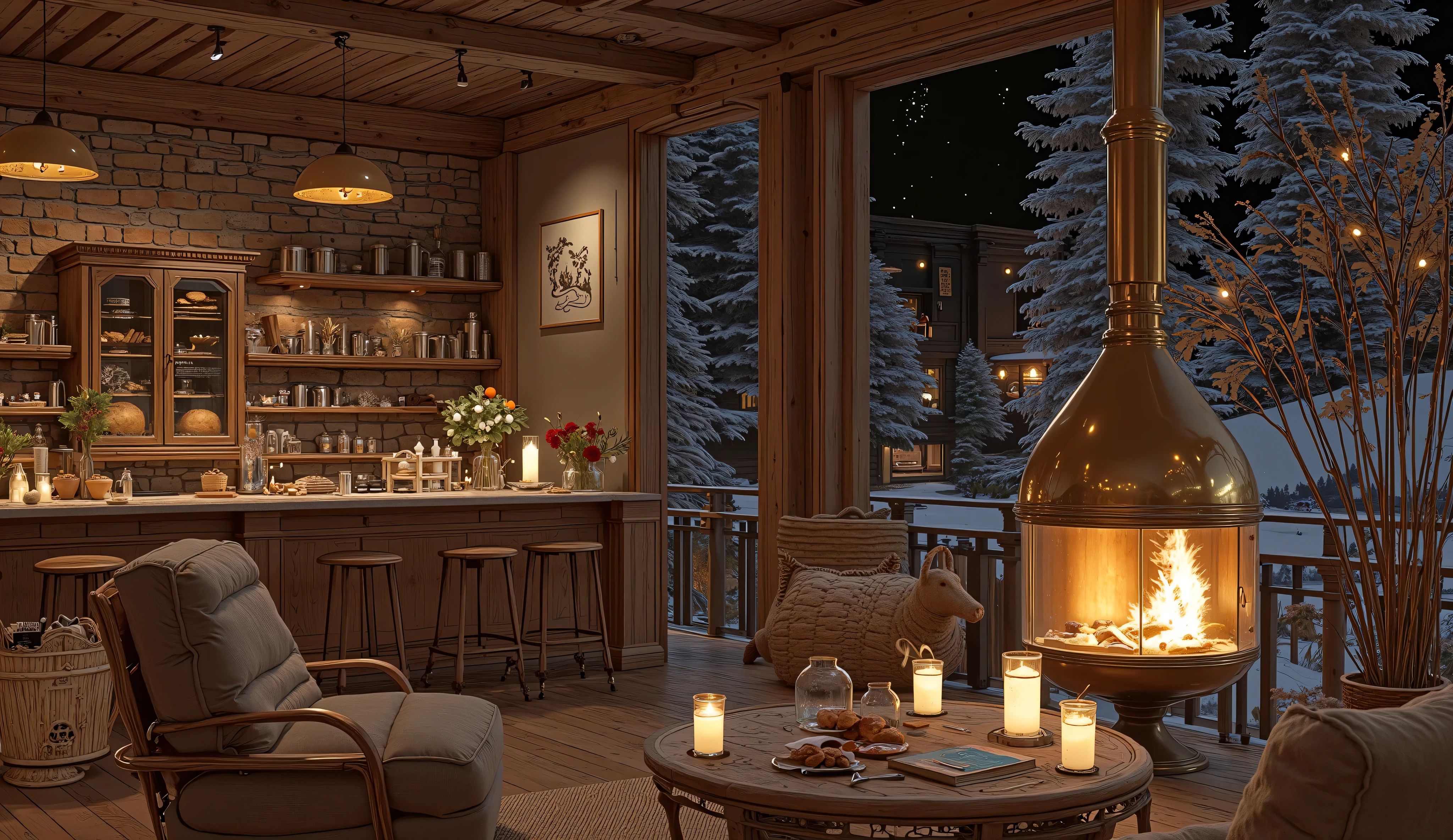 Cozy cabin with fireplace, không có cây Giáng sinhThe scene depicts a Cozy cabin with fireplace, without a rustic cafe Christmas tree, overlooking a beautiful lake .
The interior has a wooden counter , on which a shiny metal coffee pot shines , symbolism of the art coffee floor and welcome . Under the counter , a glass display cabinet showcases fresh bread and pastries , man who fits the suit perfectly .
Beautiful rustic details, stone fireplace that fits snugly against the small brick wall and raw wood add a little extra special to the space.
Comfortable design wooden chairs arranged along the counter , ideal for a relaxing holiday . Back , a wooden shelf filled with bread and rustic bread brings order and touches , while a blackboard with the inscription " cafe" displays the prices of products attractively .
on the outside , được bao phủ bởi một lớp snow , creates a contrast with the warmth of the interior .
A wooden armchair with soft cushions arranged around a rustic coffee table , with a harmonious layout : a bottle reused as a tree vase , a cup of steamed coffee and a scented candle radiating accessories . Next to the characteristic gray color , a small sedge basket containing books and decorations , enriches the atmosphere .
The surrounding landscape is to enjoy the dark winter night sky , Earthy yellow light reflecting on the surface of the small lake . perfect for contemplation and meditation .Instagram viral cave living room with fireplace, coffees, Foods , cozy balcony. snow . without person