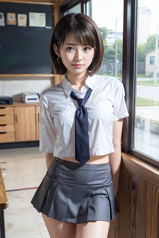 highest quality, ultra high resolution, (realistic:1.4), 1 female, young,sensual, Brown_eye, Short hair, (Brownの髪:1), (huge breasts:1), school uniform, School, seductive smile, looking at the viewer, stick out one's butt, back focus