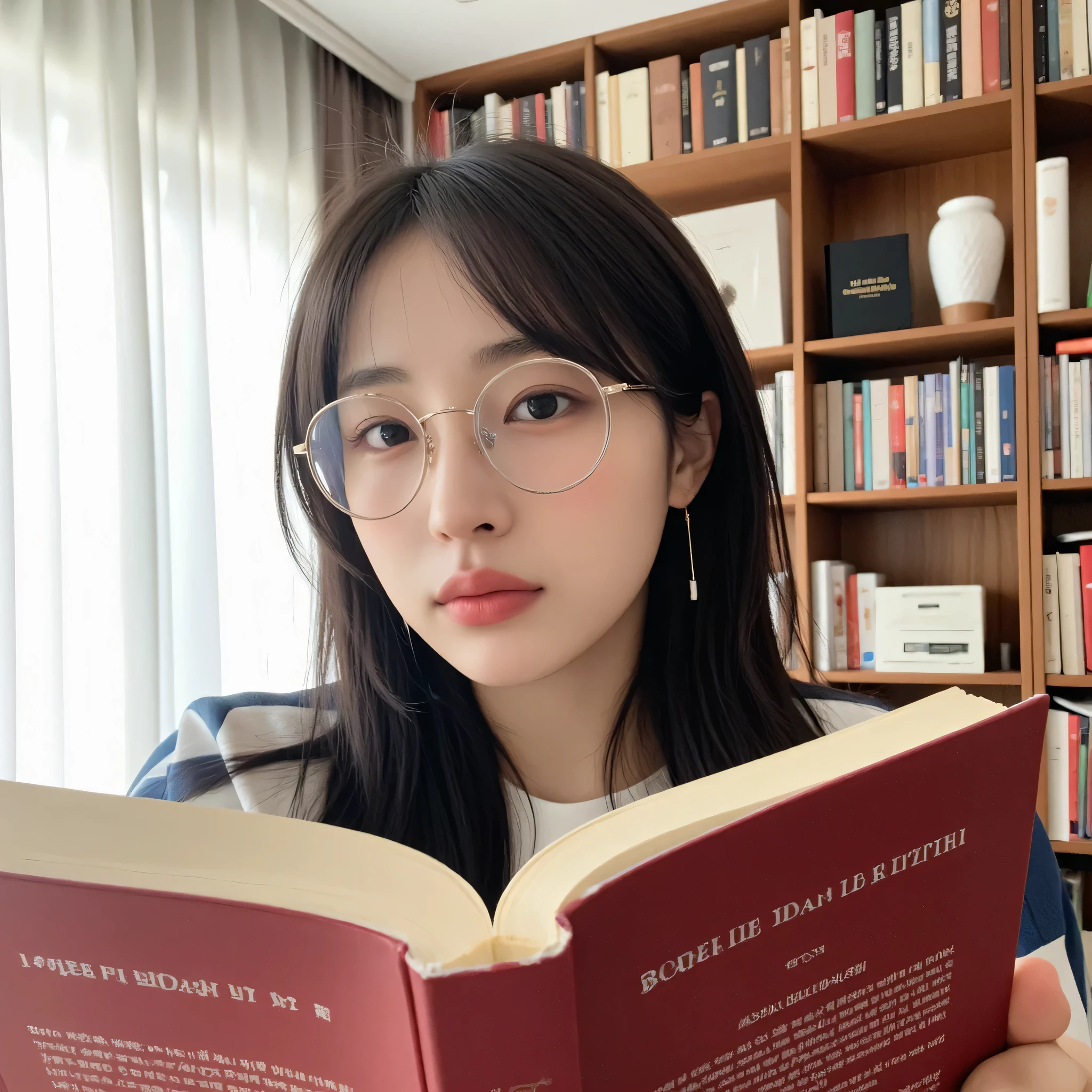 a stunning hyper-realistic selfie of a Korean female idol reading a poetry book in a softly lit home library, natural light diffused through curtains, long tousled black hair tucked behind one ear, round glasses on, soft glow on her skin with visible pores, warm color tones, slightly tilted head, deep gaze, 8k cinematic selfie taken with iPhone 14 Pro