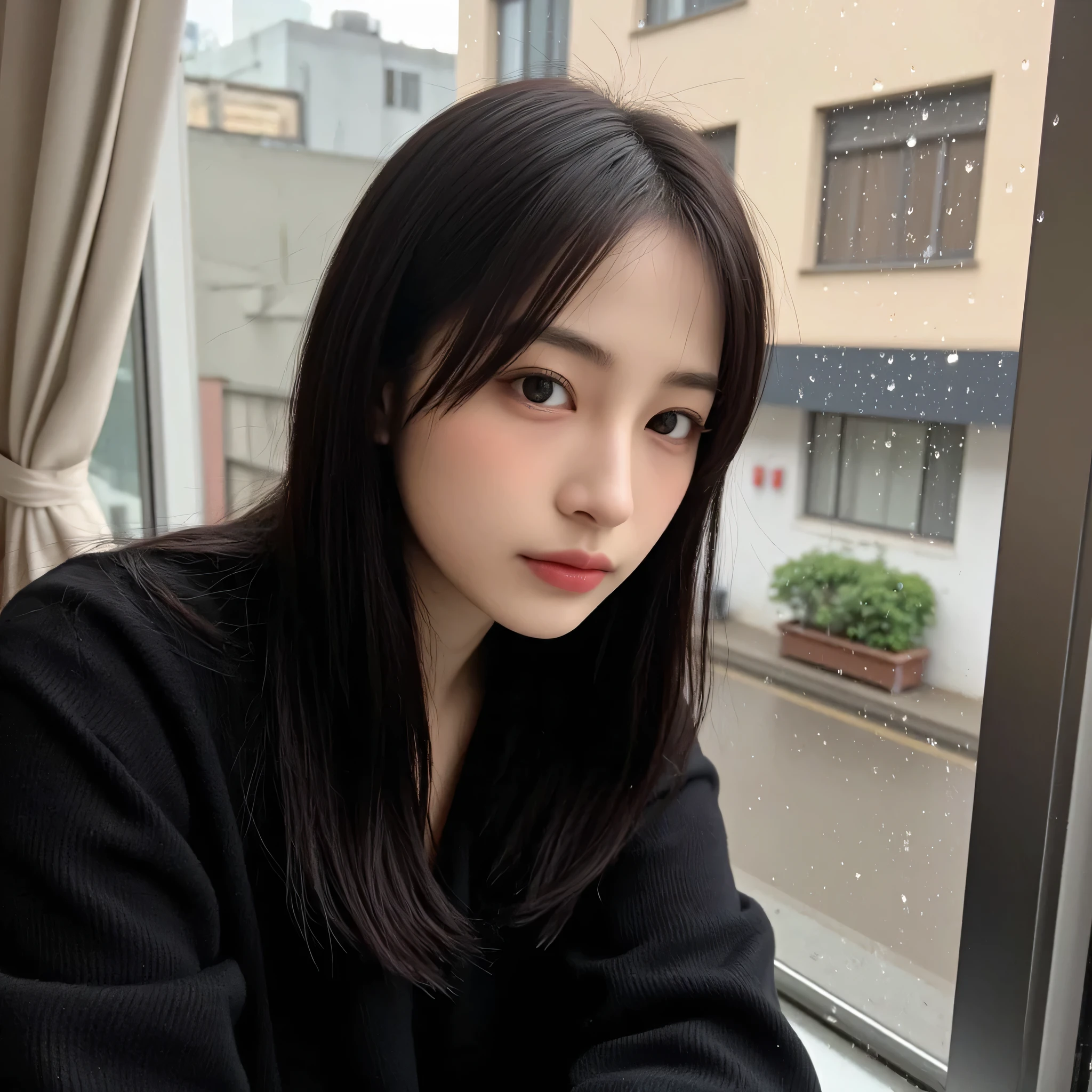 a hyper-realistic cinematic selfie of a beautiful Korean idol leaning on a rainy window, raindrops blurring the city behind her, elegant expression full of emotion, long silky black hair slightly wet, soft glow on her natural skin, deep eyes reflecting light, minimal makeup, warm tones, 8k iPhone 14 Pro portrait