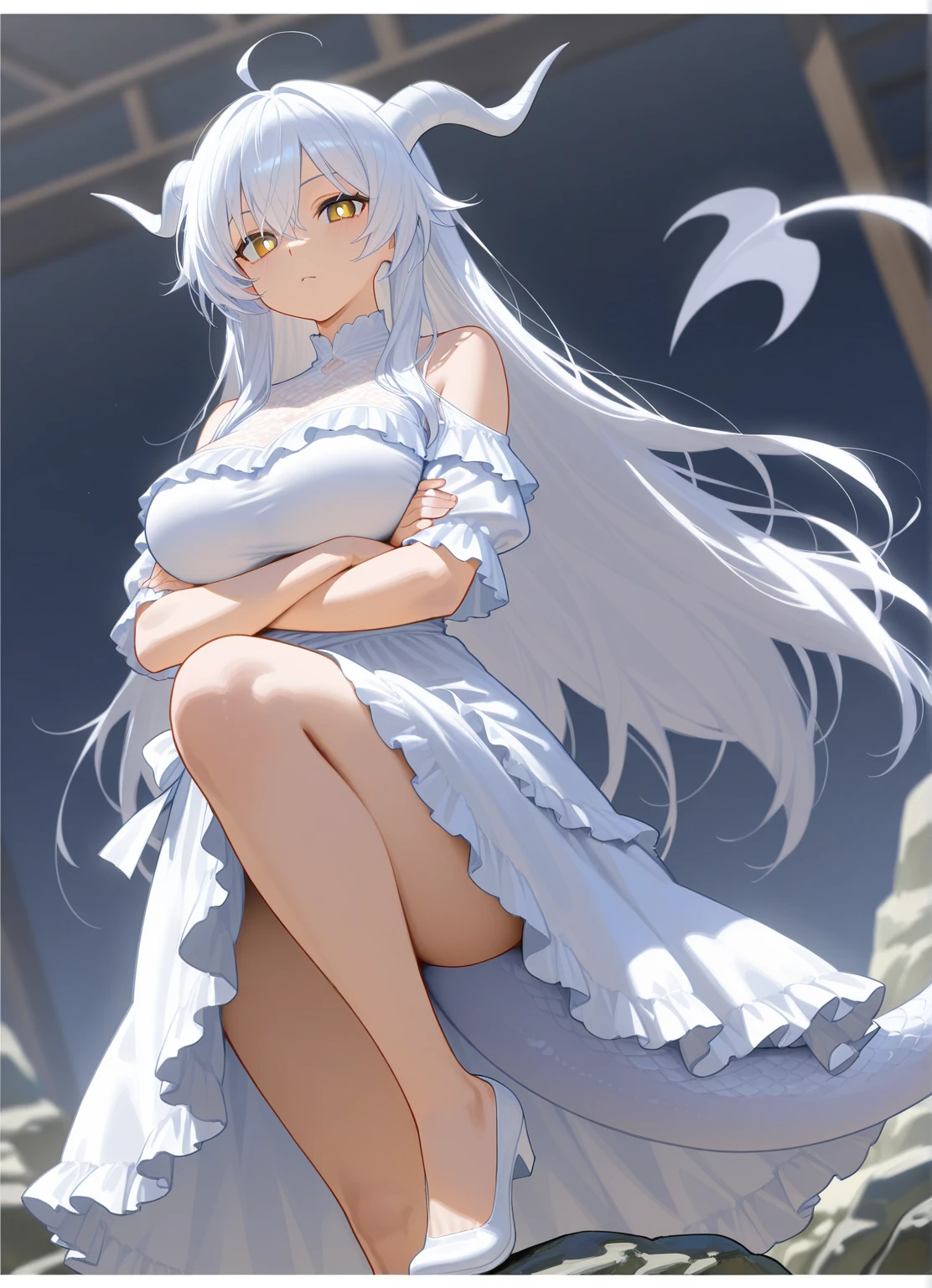 1girl,18s,long hair,white hair,ahoge,lamia tail,((white lamia tail)),no background,pointy ears,sleeveless,white shirt,(medium cleavage),happy,smile,blue eyes,open mouth,from side,waving,
