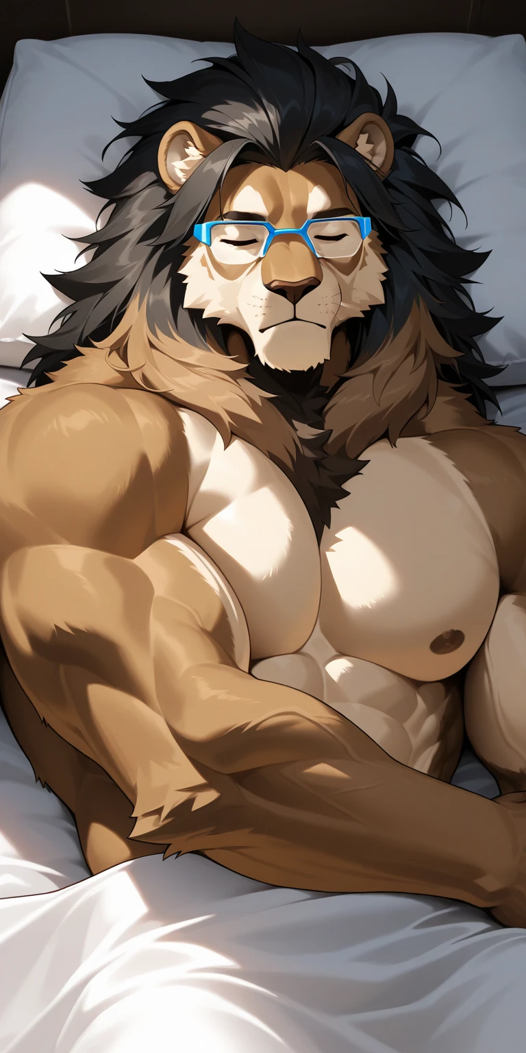head、Animal cat face、Fluffy white hair all over the body、Heavy breathing、Gnashing of teeth,Shy expression，muscular、Topless，Crotch凸起，Hands on the bed，Kneel on the bed with both knees（Looking down at chest，abdomen，Crotch，thigh（close up））wildcat、blue eyes，(contour）全身覆盖着长long白色毛发、Hairy body、long, Thick chest hair、Severe pubic cramps，，Fangs、Ultra-clear。bedroom，Sharp claws、