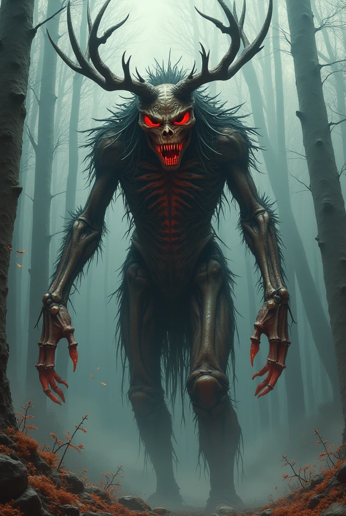 enormous monster with tentacles of meat and horns of goat, eyes on fire, deformed body, disfigured head, mutated limds, dirty fur, disgusting, wrong anatomy, shapeless, distorted, foggy forest, creepy atmosphere, horror ambient, alien
